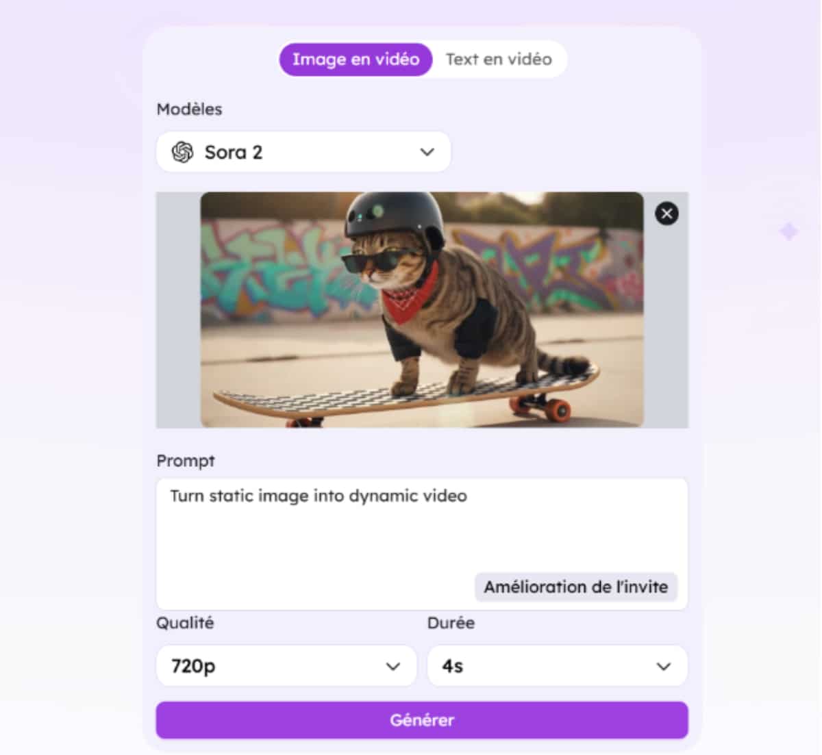 Exemple de prompt avec un chat sous Sora 2 avec EasiMate en 720p