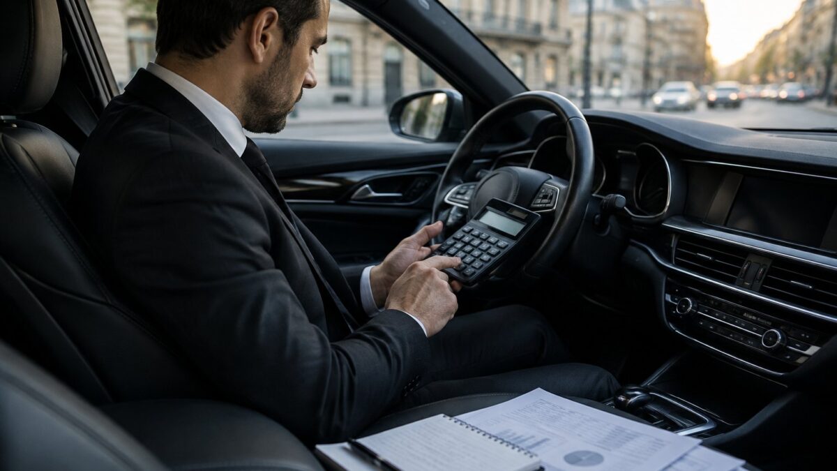 Chaffeur VTC au volant avec une calculatrice