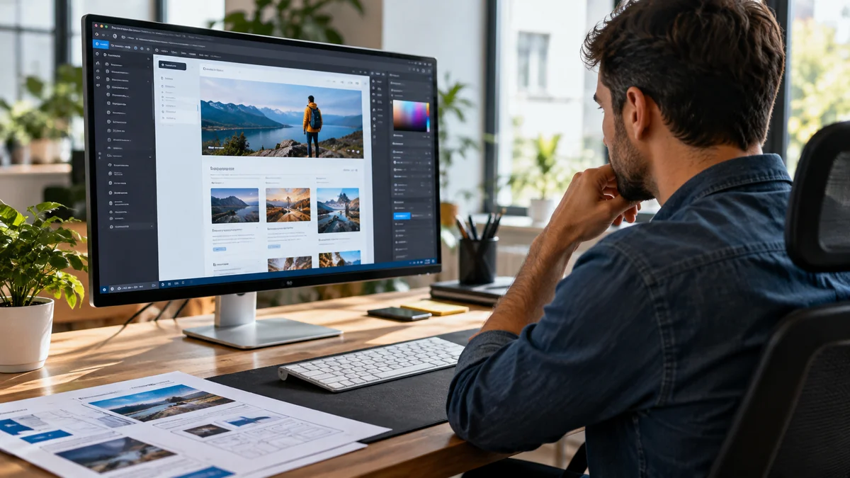 Photographie éditoriale représentant un environnement de travail numérique consacré au thème création de site ia
