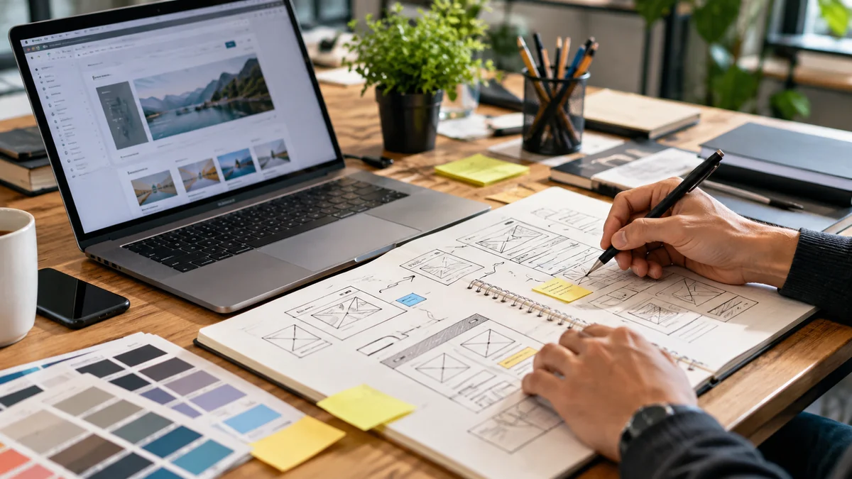 Photographie éditoriale représentant un environnement de travail numérique consacré au thème wireframes et prototypage
